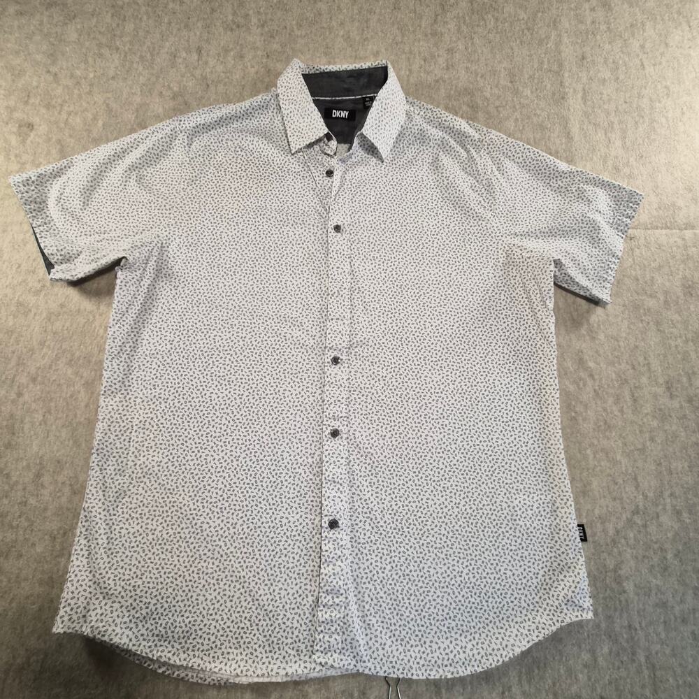 DKNY MENS WHITE W GREY LOGO PRINT BUTTON-UP SHORT SLEEVE SHIRT XL - Picture 6 of 10